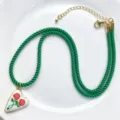 Green rope heart rose pendant necklace, gold clasp variant, retro vintage style jewelry. - Green Necklace Heart Style (C02-3)