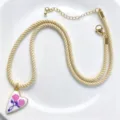 Chic enamel heart pendant necklace featuring beige rope chain and pink rose floral design. - Beige Necklace Heart Style (C02-4)