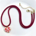 Burgundy rope heart pendant necklace featuring golden clasp and elegant rose motif. - Red Necklace Heart Style (C02-5)