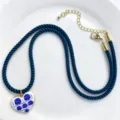 Vintage blue rose heart pendant necklace with rope chain and gold hardware for women. - Dark Blue Necklace Heart Style (C02-6)