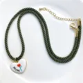 Green rope necklace with white heart enamel pendant mom flower gold tone chain jewelry gift - Dark Green Necklace Heart Style (C02-9)