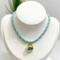 Vintage french style irregular blue zircon copper 18k gold plated necklace pendant. - Necklace (With Pendant and Chain) / Blue and White Braided Rope