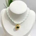 Vintage irregular green gemstone pendant necklace with white woven cord for women. - Necklace (With Pendant and Chain) / Green and White Braided Rope
