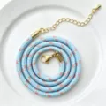 Nahaufnahme Detail von blau rosa geflochtenem Polyesterkernseil mit goldener Verschluss. - C01-12