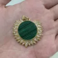 Gold sunburst malachite pendant necklace DIY accessory with sparkling micro-inlaid cubic zirconia. - Malachite Round Plate (B1-03)