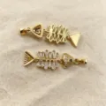 Gold fish skeleton pendant micro paved zircon movable fishbone charm DIY jewelry accessory - Pendant Only (No Chain) / K02 (Small Fish Bone)