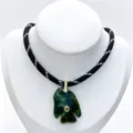 Exquisite carved fish gemstone pendant with sparkling zirconia on black woven cord necklace details. - Pendant Necklace Set (U05) / Floral Green
