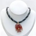 Natural stone carved fish pendant necklace with black rope chain and crystal detail. - Pendant Necklace Set (U06) / Black and White