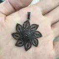 Exquisite black diamond flower pendant detail, gunmetal tone gothic floral jewelry piece for women. - A4-Leaf Floral Decor Style / Gunmetal