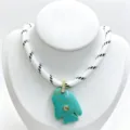 Turquoise fish pendant necklace with black white rope chain gemstone jewelry chic accessory - Pendant Necklace Set (U10) / Black and White