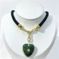 Heart carved natural stone crystal pendant necklace with zircon and black cord for daily wear detail. - Green Pendant Necklace
