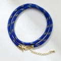 Blue braided cord necklace with gold pattern, lobster clasp and extension chain for DIY crafts. - A-09