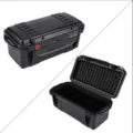 Detail view of black waterproof hard tool case with protective foam lining and secure latches. - Black