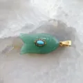 Handmade green stone fish pendant with turquoise inlay and gold-tone bail for DIY necklace accessories. - Single Pendant (Chain Not Included) / Green Aventurine
