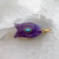 Natural amethyst carved fish pendant with turquoise eye and metal bail for DIY handmade necklaces. - Single Pendant (Chain Not Included) / Purple Crystal