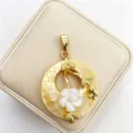 Natural mother-of-pearl circular pendant necklace jewelry with gold-plated flower branch design. - G09