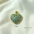 Gold heart pendant with blue cubic zirconia, 22mm size and 3.5g lightweight DIY jewelry accessory - Hollow Micro-inlaid Pendant(J-08)