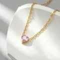 Exquisite pink heart cubic zirconia pendant necklace in gold plated titanium steel detail view. - Heart Rhinestone Pink - x1325