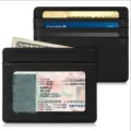 Slim black PU leather card holder with multiple slots and clear ID window for daily use. - Black