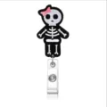Retractable badge reel featuring a cute embroidered skeleton felt patch with a pink bow accent. - Style 8 (Bow Skull)