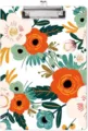 Primer plano detallado del portapapeles de acrílico con estampado floral y clip metálico. - Floral Naranja
