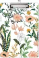 Primer plano del portapapeles de acrílico con estampado floral y clip metálico para oficina. - Plantas y Flores