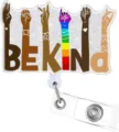Acrylic glitter sign language BE KIND badge reel with retractable clip for nurses. - BEKIND