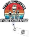 Retractable badge reel with funny skeleton coffee design, durable acrylic work ID holder. - Skull