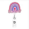 Glitter rainbow acrylic retractable badge reel with secure clip for ID cards and keys use. - Rainbow