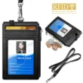 Portatarjetas de identidad de cuero PU con cordón, bolsillo con cremallera y ranuras para tarjetas. - Negro