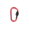 Nahaufnahme des roten Aluminium-Karabiners mit Schraubverschluss für sicheren Outdoor-Einsatz. - Rot