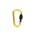Nahaufnahme des goldenen Karabiners aus Aluminium mit stabilem Schraubverschluss im Detail. - Gelb