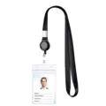 Cordón negro con soporte transparente para tarjetas y práctico carrete retráctil. - Porta credencial vertical
