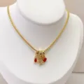 Gold plated brass necklace with multi-layer tube beads red heart and star zircon charms. - Red Heart Zirconia and Star Style (01#) / Pendant with Necklace / Gold