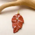 Handmade red stone leaf pendant necklace featuring sparkling zircon and gold plated bail accessory - Pendant Only (No Chain) / Red Jasper