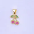 Close-up detail of a gold cherry pendant charm featuring green leaves and pink rhinestone fruit. - Gold Leaf Pink Rhinestone Cherry (Style B)