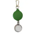 Detailed view of the green retractable badge reel with metal hook and keyring for id cards. - Football Retractable Badge Reel / Green