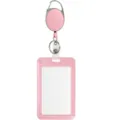 Pink retractable badge reel with vertical ID card holder and metal carabiner clip for office use. - Pink