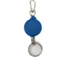 Durable blue retractable badge reel featuring a carabiner clip and key ring for daily use. - Football Retractable Badge Reel / Blue
