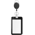 Close-up detail of retractable badge reel with a black ID card holder and metal clip. - Black