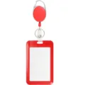 Close-up of red retractable badge reel and vertical ID card holder with durable metal clip. - Red