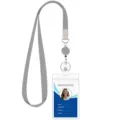 Retractable ID badge holder with grey lanyard and vertical clear PVC card sleeve for office. - Gray