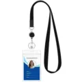 Black lanyard with retractable badge reel and clear ID card holder for daily office use. - Black