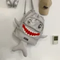 Cartoon shark backpack with clear window and cute tail, large capacity casual daypack. - Gray