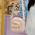Pink Japanese style canvas crossbody bag for women, cute multi-pocket casual shoulder bag. - Pink