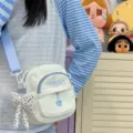 Summer Japanese style small crossbody bag for women, casual canvas shoulder bag with multi pockets. - White + Polka Dot Bow