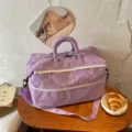 Purple travel duffel bag with white lace trim and cute bows, large capacity for luggage. - Purple Bow