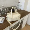 Stylish beige leather boston handbag, versatile casual shoulder and crossbody bag for women. - White