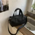 Black faux leather duffle shoulder bag, casual large capacity daily tote handbag for women. - Black