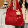 Red canvas tote bag casual shoulder bag with stylish embroidery and cute plush pendant. - With Cookie Charm / Red